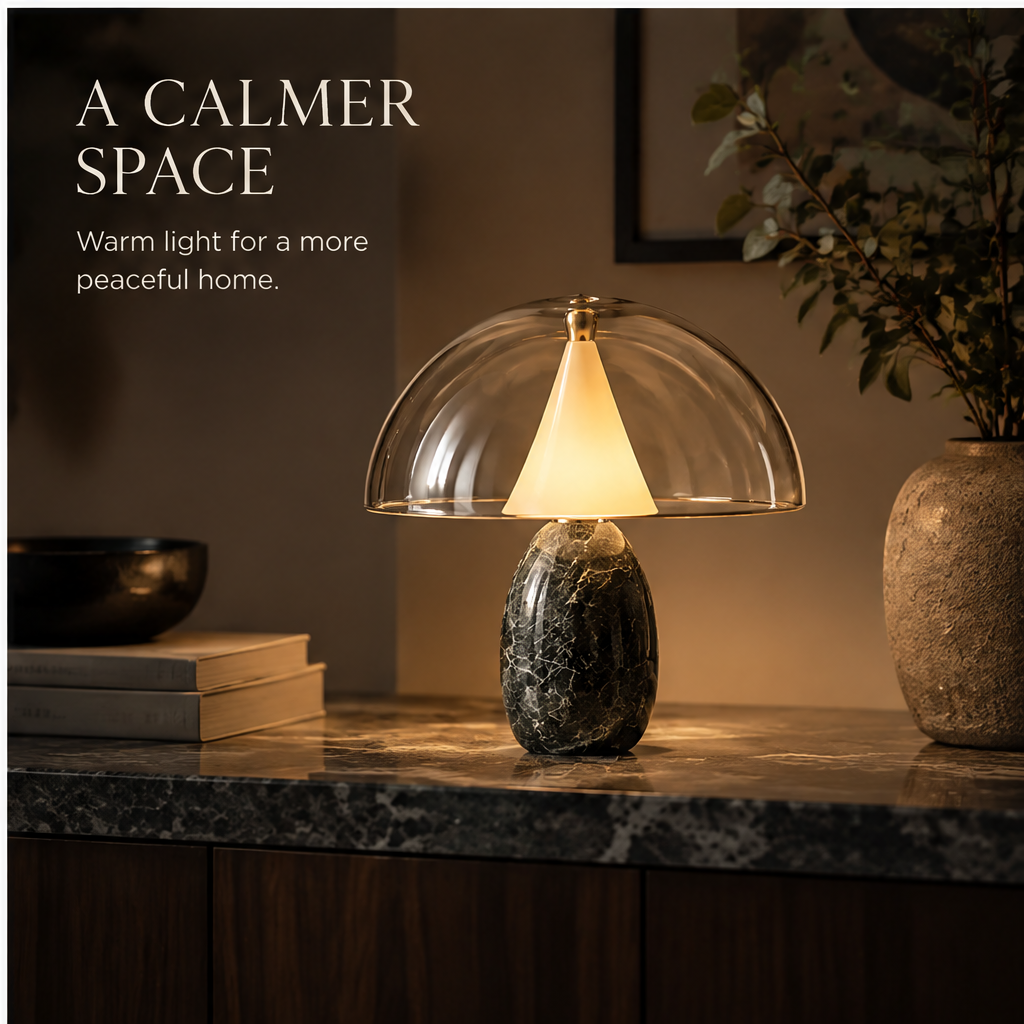 OMGANASA Stone Base Glass Dome Mushroom Table Lamp - Main View