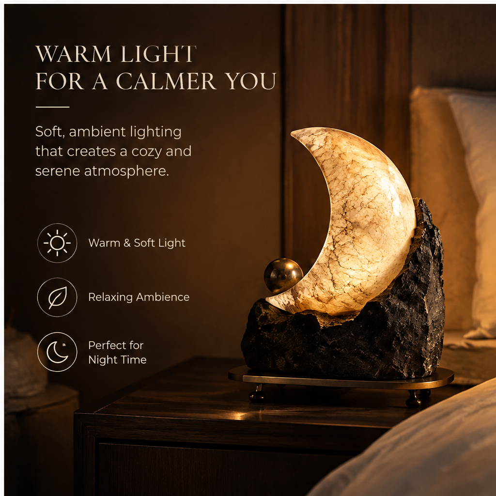 OMGANASA Natural Alabaster Crescent Moon Raw Stone Sculptural Table Lamp - Warm Light for a Calmer You Bedroom Scene