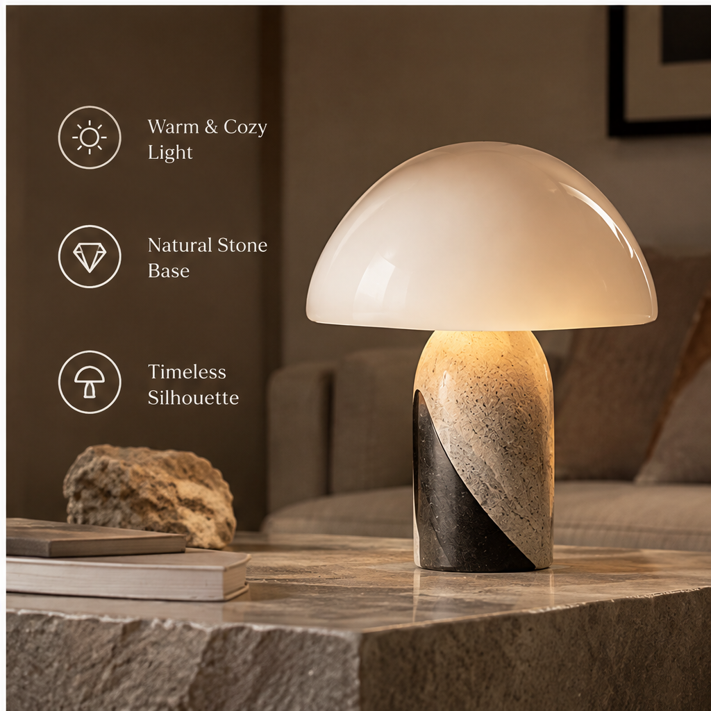OMGANASA Dual-Tone Stone Opal Glass Mushroom Table Lamp - Living Room Scene