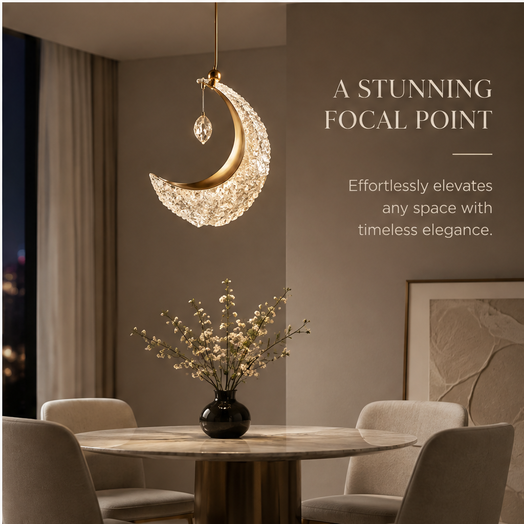 OMGANASA Crescent Moon K9 Crystal Gold Pendant Chandelier Light - Dining Room Focal Point