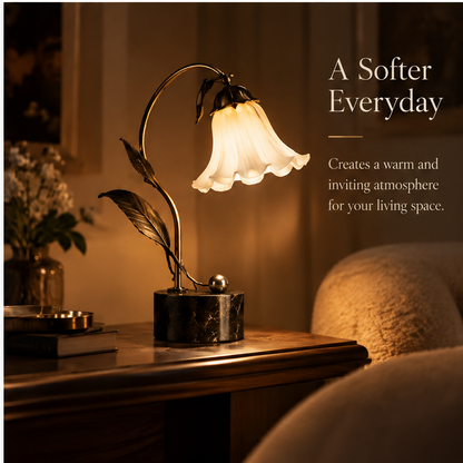 OMGANASA Lily of the Valley Floral Glass Shade Antique Brass Leaf Table Lamp - A Softer Everyday Bedroom Scene
