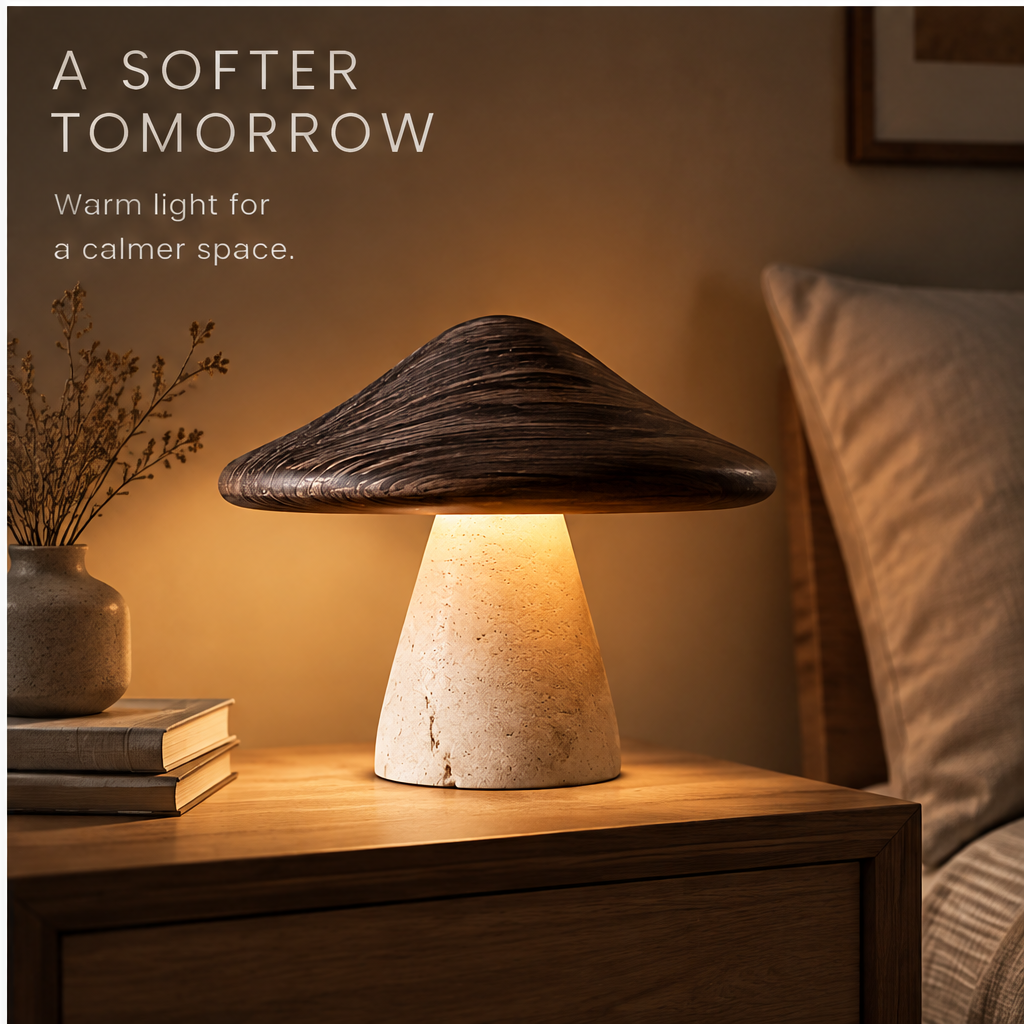 OMGANASA Solid Wood Shade Travertine Mushroom Table Lamp - Bedside Scene